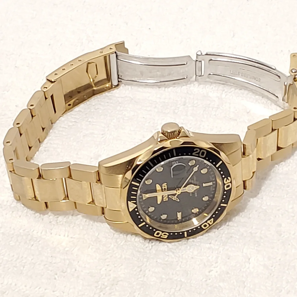 Invicta Men's Date Black Dial Gold Plated Quartz Watch WR 200 Meters